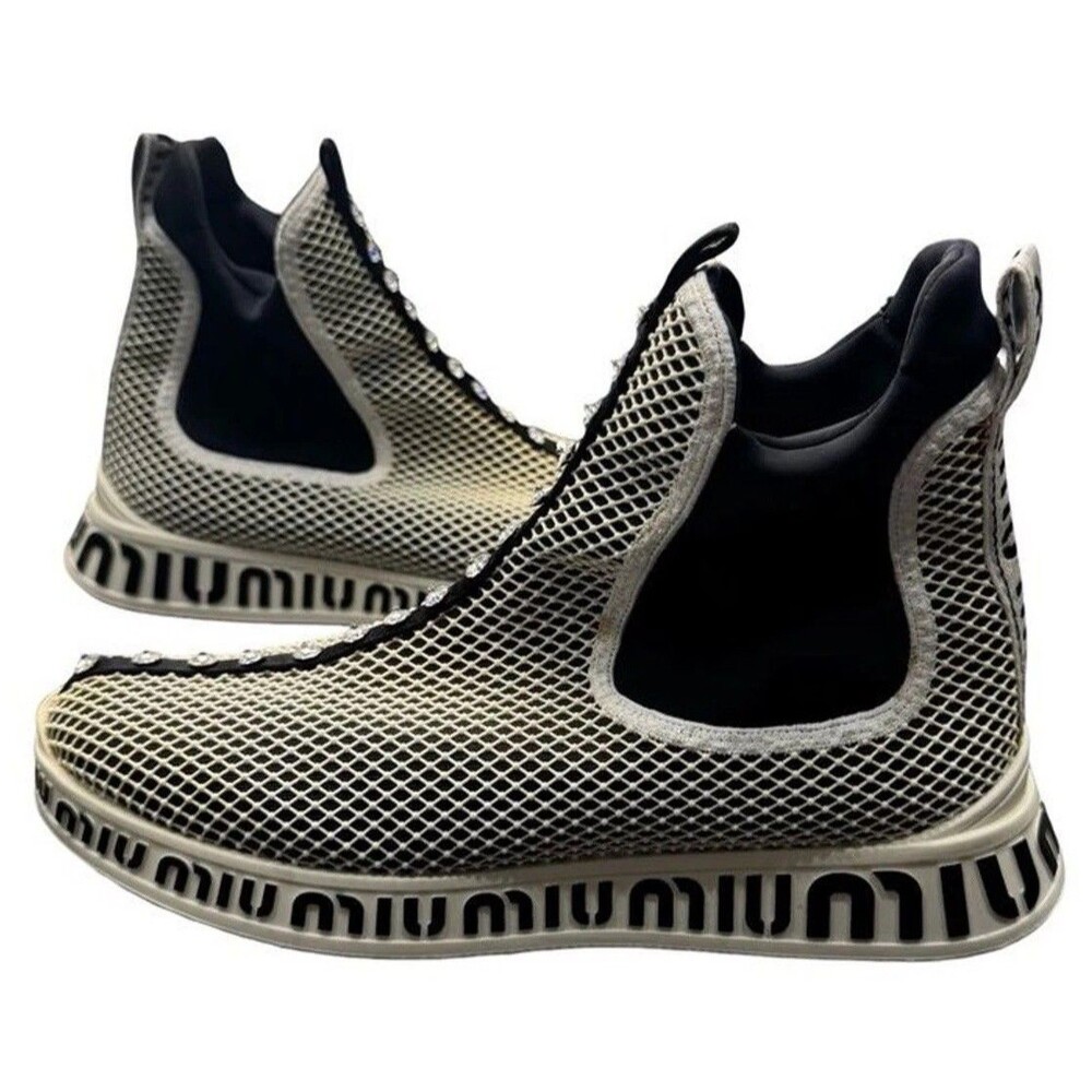 Miu Miu Crystal Mesh Slip-On Sneakers Women’s EU 39 Black White Italy